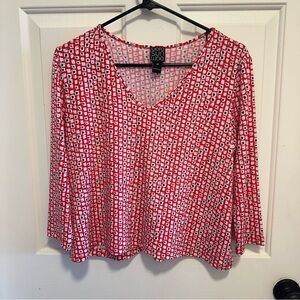 Clara Sun Woo All Over Print V-Neck Shirt Blouse Top XS Loose Flowy Stretch Red